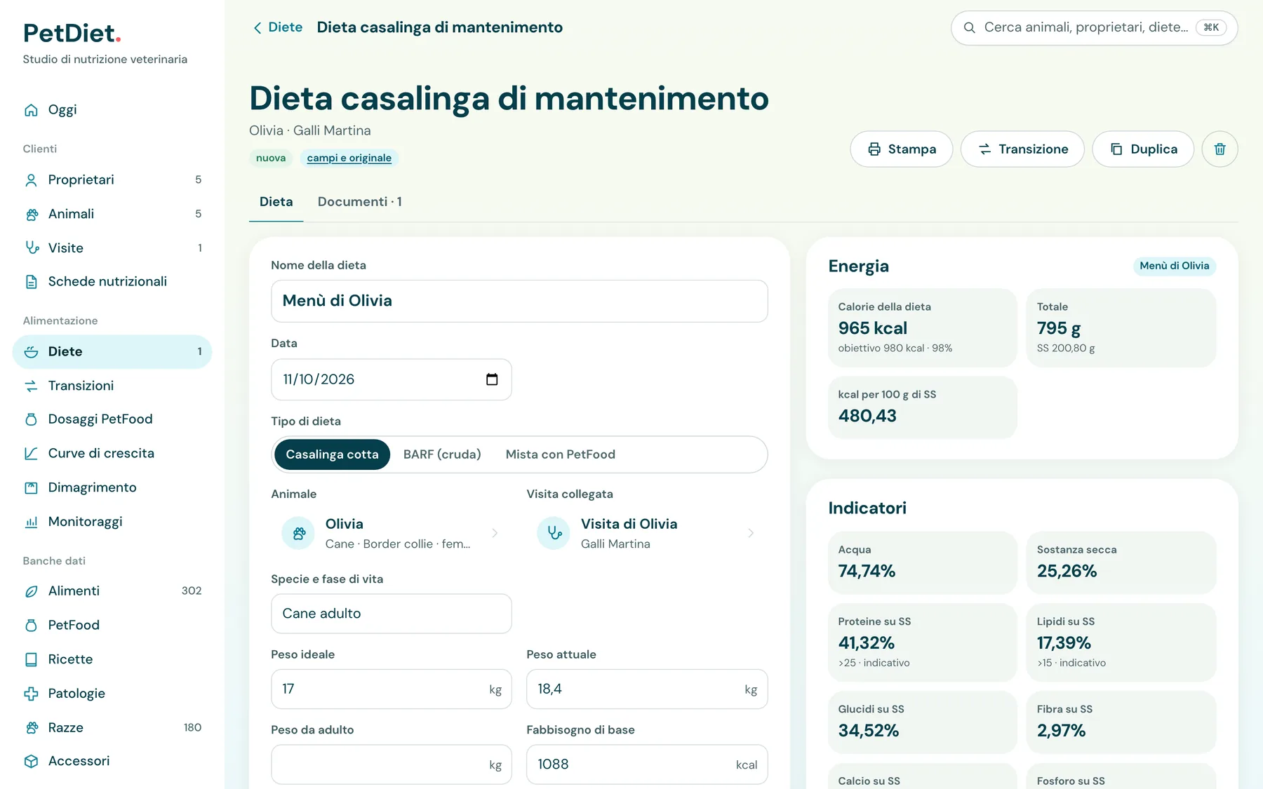 La composizione di una dieta casalinga in PetDiet: ingredienti, grammi, energia e analisi dei nutrienti confrontata con i limiti FEDIAF.